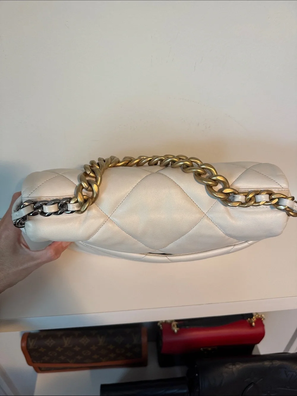 CHANEL 19 Medium Quilted Flap Bag in White with Silver and Gold Chain